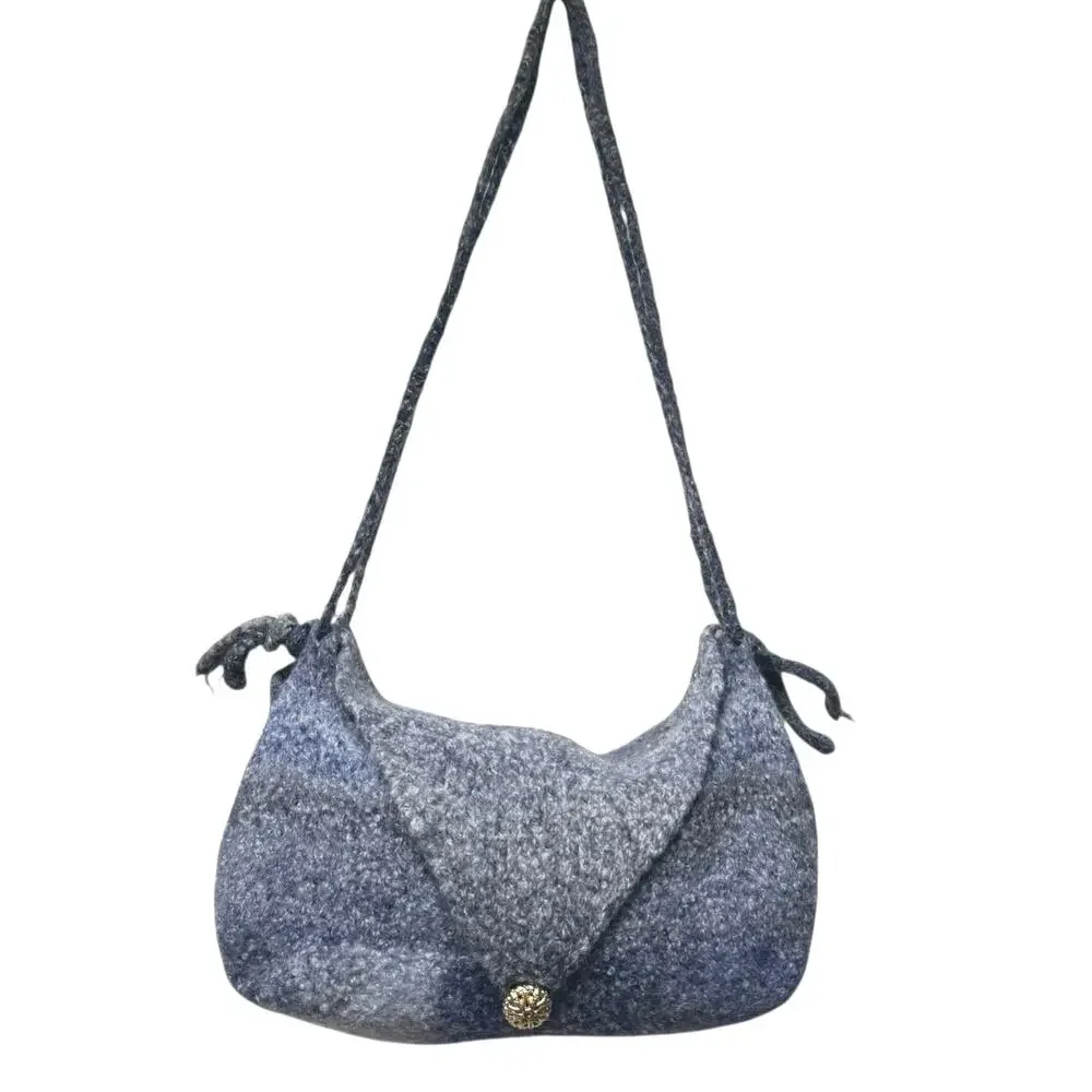 New Hand Woven Knit Shoulder Bag Variegated Blue Felted Wool Fold Over Button